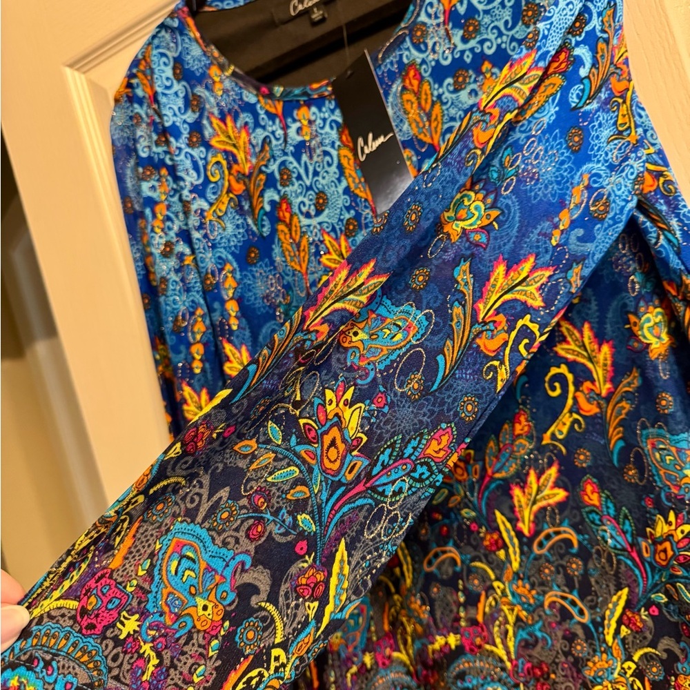 New! CALESSA Vibrant Blue and Orange Floral Blouse - Picture 6 of 15